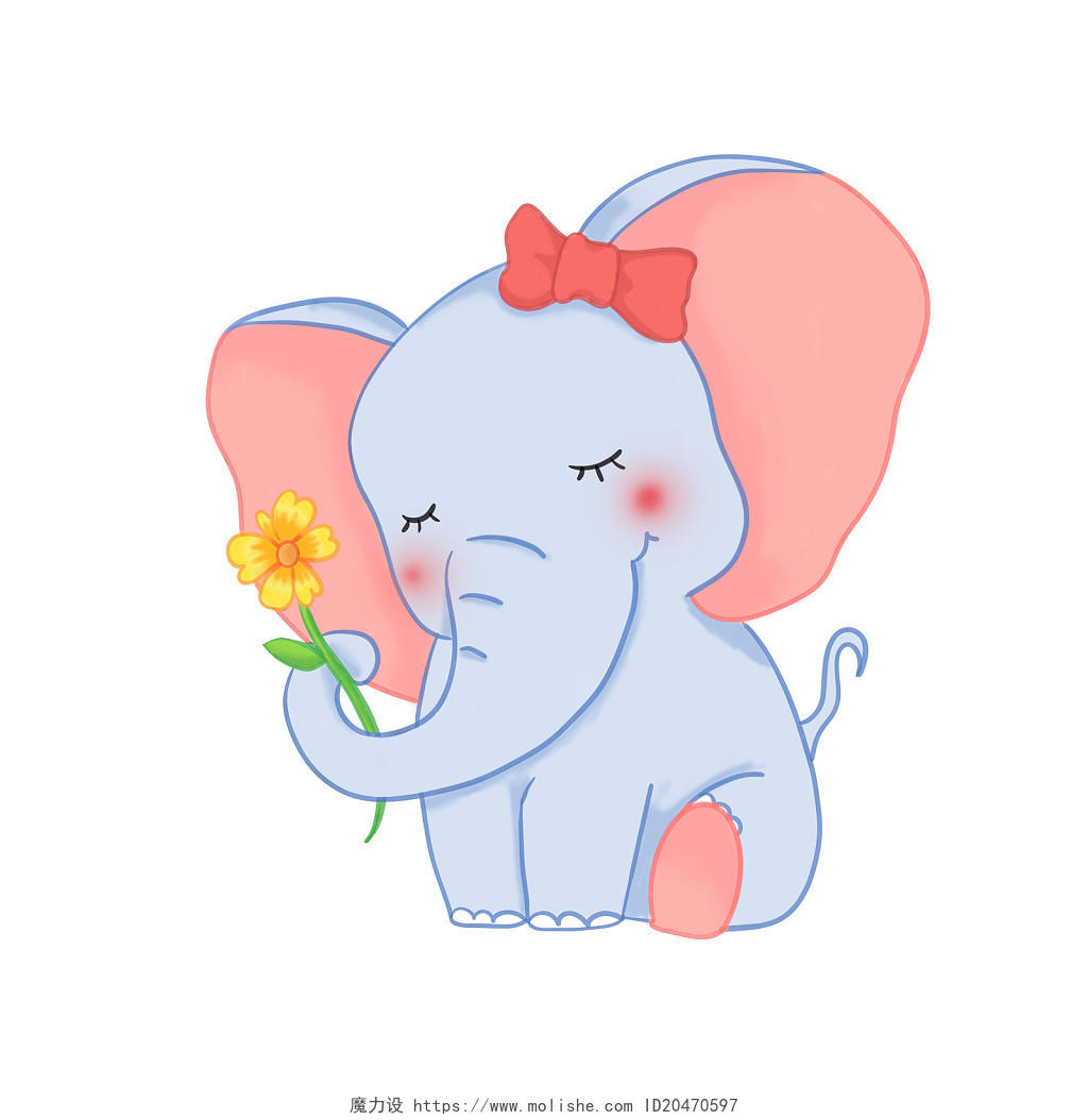 小象卡通可爱开心花朵蝴蝶结png素材大象元素